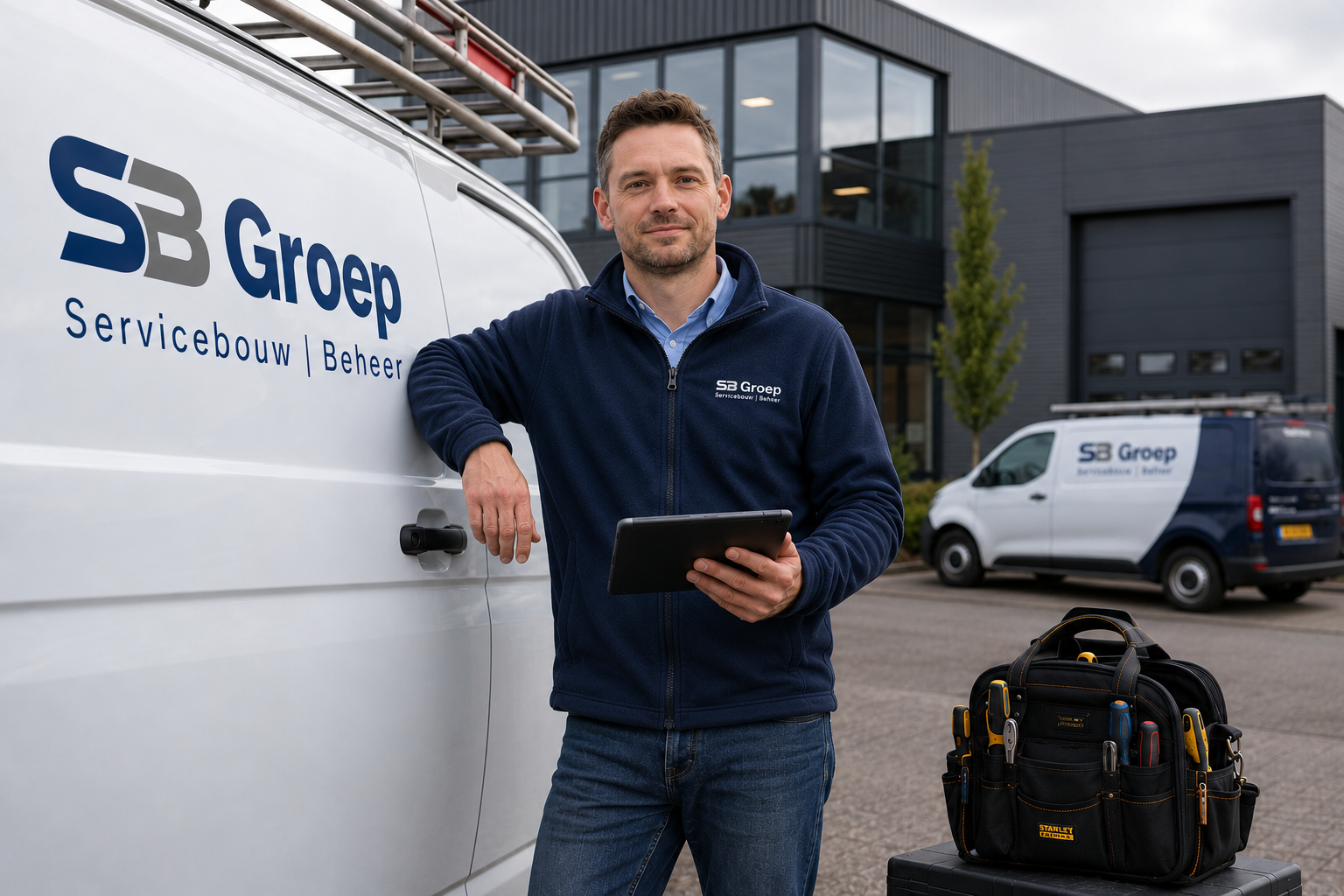 Monteur van SB Groep bij de bedrijfsbusjes op locatie